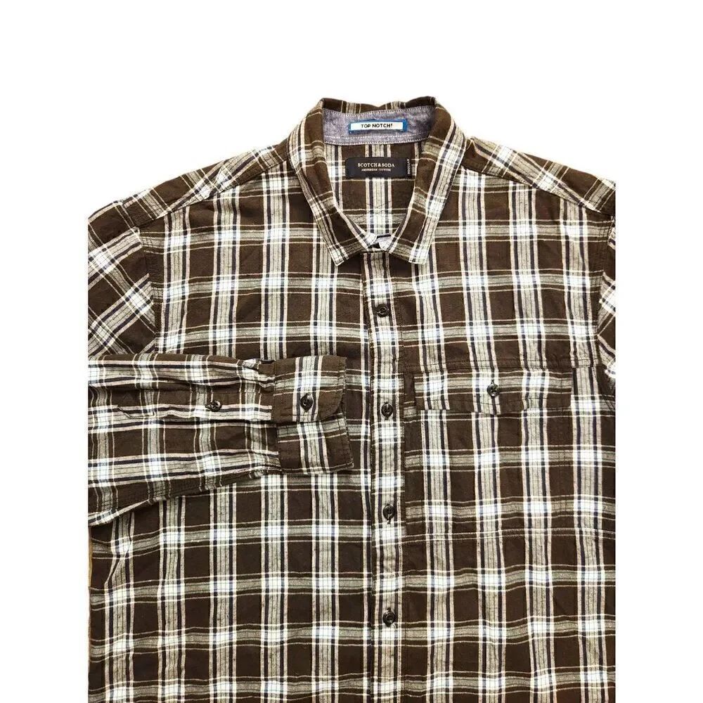 Scotch & Soda mens Med Plaid button up shirt. Regular fit green/brown longslv